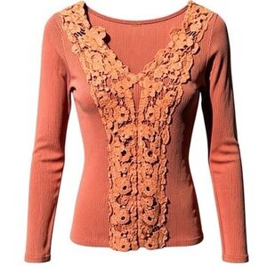 BKE Gimmicks Boho Rib Knit Deep V Top Rust XS